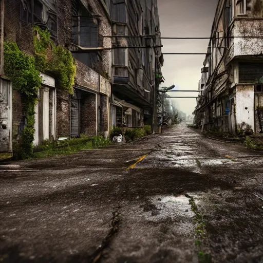 Image similar to dark, dingy, wet, cramped, rural city, street run down, overgrown with large fungus, 4k, high detail