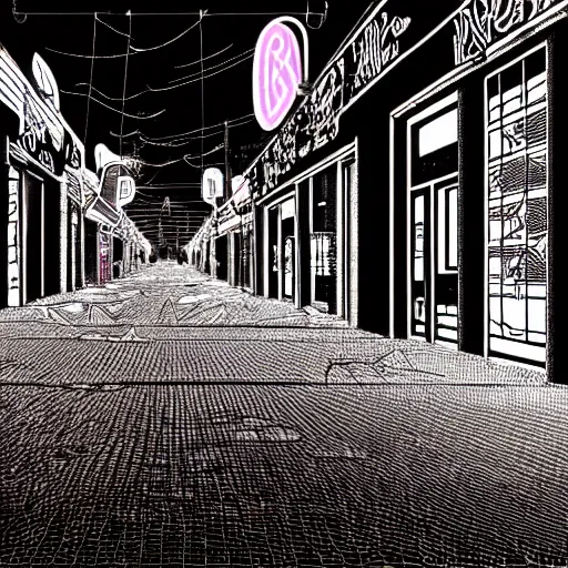 Image similar to walking alone in the boulevard of broken dreams, with neon lights, hyper detail, in the style of moebius, rule of thirds