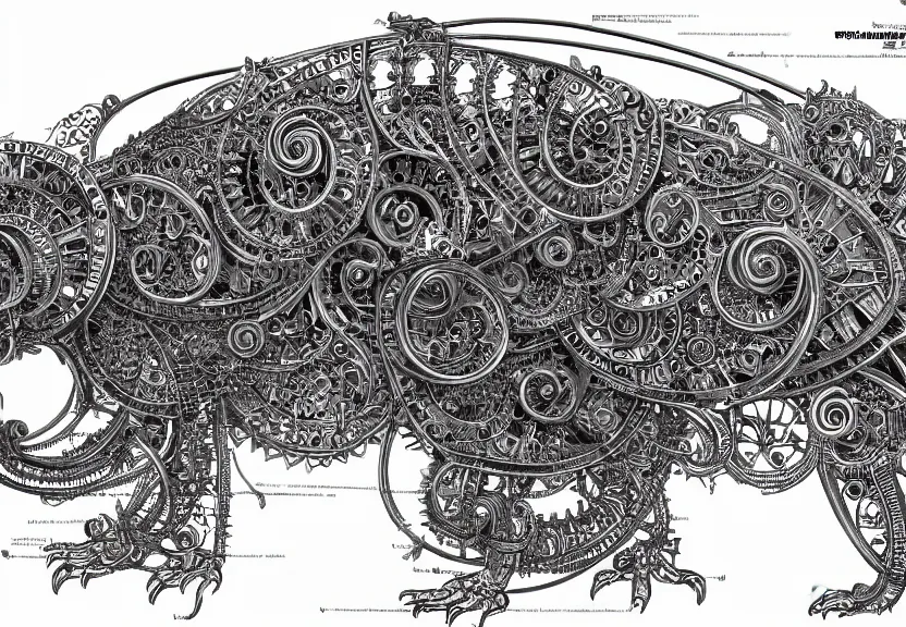 Prompt: schematic blueprint of highly detailed ornate filigreed convoluted ornamented elaborate cybernetic rat, wide margin, art by da vinci
