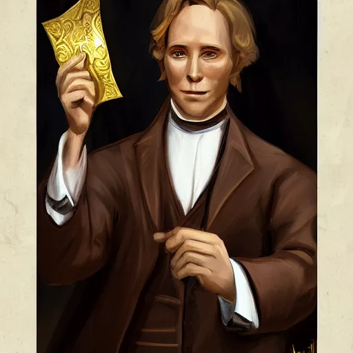 Image similar to mormon prophet, joseph smith, holding up the gold plates, conceptart, trending on artstation