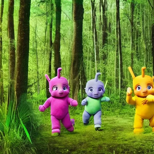 Prompt: teletubbies in the forest trail camera footage night