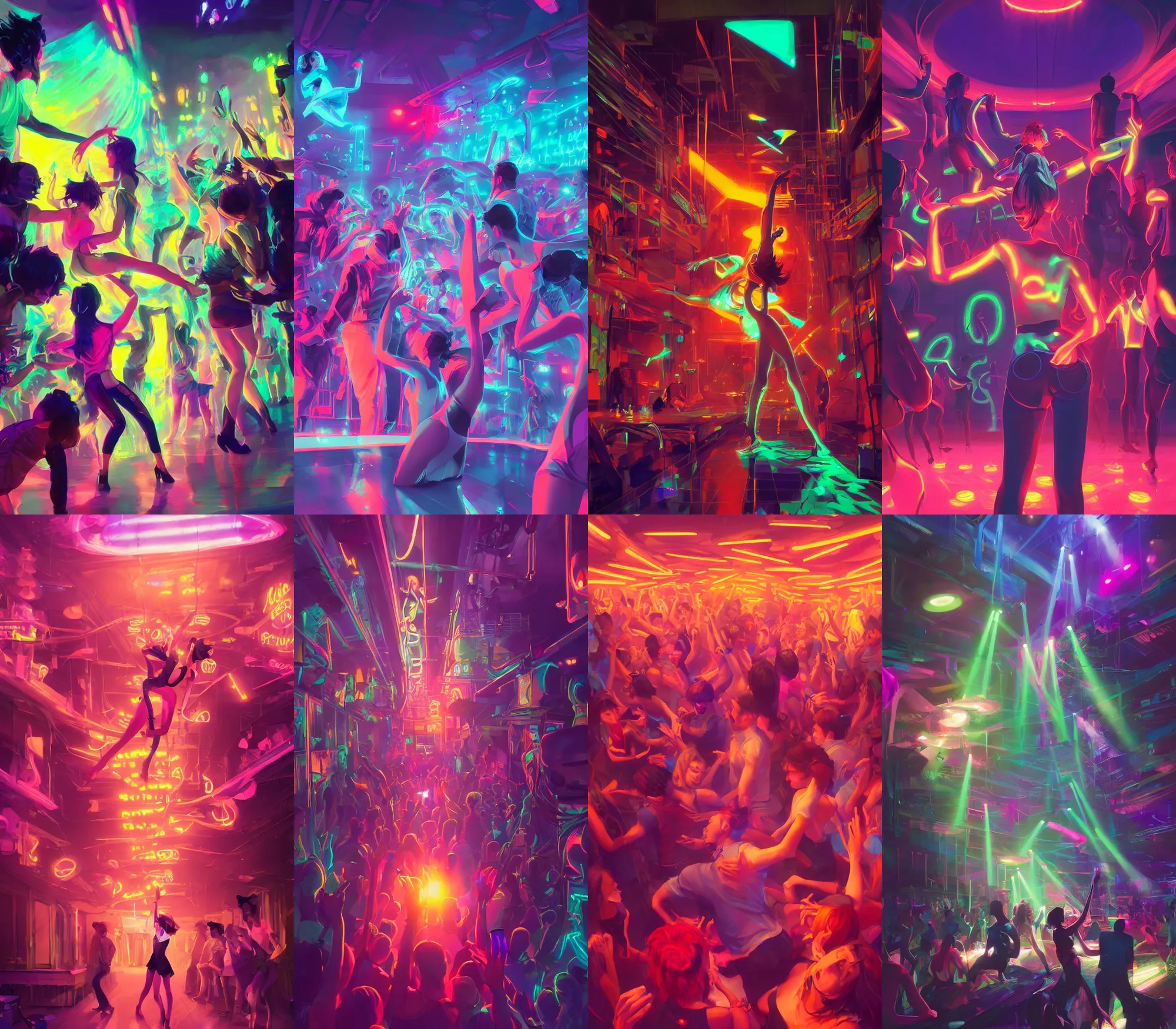 Prompt: dancing in night club, rave party, underground, lights beam, night lights, neon signs, behance hd by jesper ejsing, by rhads, makoto shinkai and lois van baarle, ilya kuvshinov, rossdraws radiating a glowing aura global illumination ray tracing hdr, dim color, production, poster