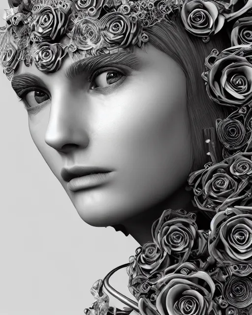 Image similar to mythical dreamy black and white organic bio - mechanical spinal ribbed profile face portrait detail of translucent steampunk beautiful female angelic - human - queen - vegetal - cyborg, highly detailed, intricate crystal ivy jelly ornate, poetic, translucent roses ornate, 3 d render, digital art, octane render, 8 k artistic photography, photo - realistic, by dora maar