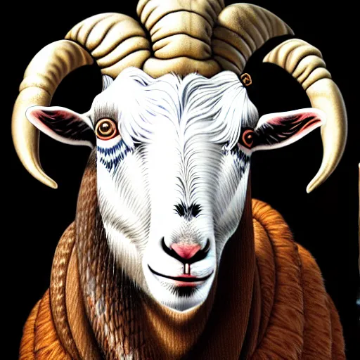 Prompt: detailed portrait of vladimir putin in the form of a goat with detailed big horns, with a pentagram on the background