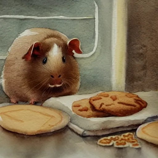 a guinea pig baking cookies in a cozy french kitchen, Stable