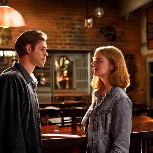 Image similar to photo of a tall guy with dark blond hair bun dating a blond girl in an old restaurant, Gilmore girls aesthetic, realistic, beautiful lighting