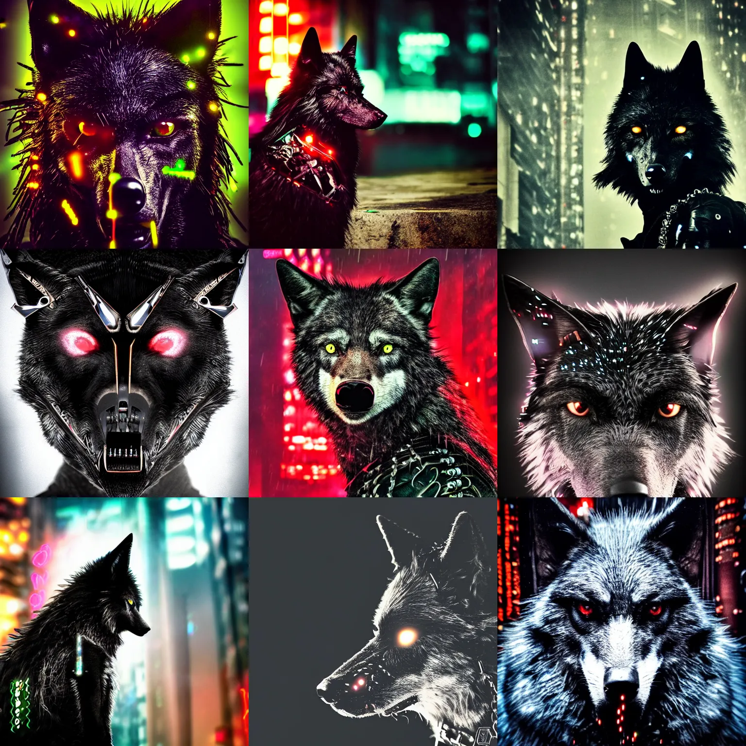 Prompt: portrait of demonic black cyberpunk wolf animal with cyberpunk gogles, jewelry, editorial photography, neons, blade runner, futuristic style, realistic bokeh and depth of field, award winning, establishing shot