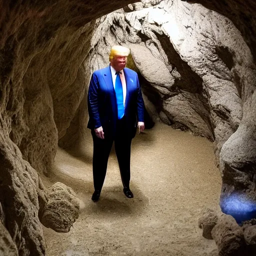 Image similar to blurry cell phone footage of donald trump in a narrow deep cave