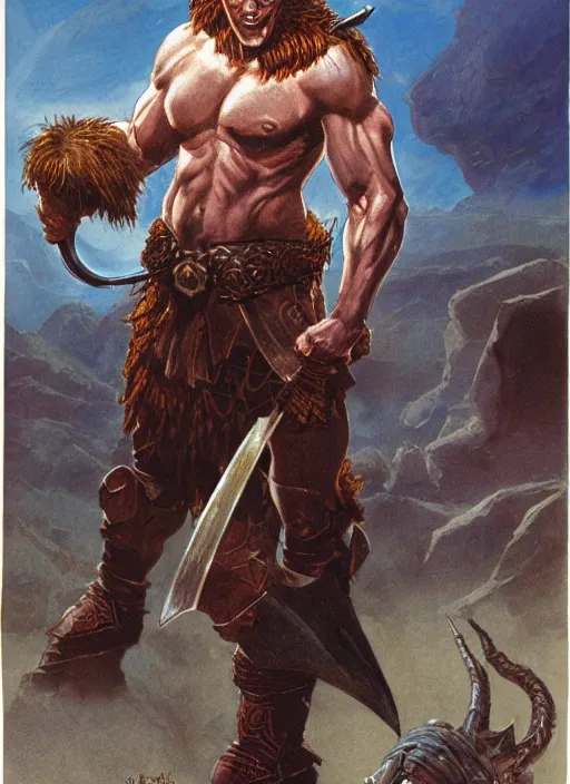 Image similar to illustration of conan o'brien as a dnd paladin with short blonde hair and big muscles, casting a protection spell, by john howe, james gurney