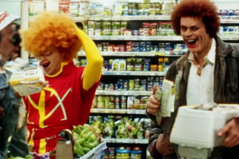 Image similar to a still ronald mcdonald shoplifting from a grocery store in the tv show the a - team, vcr recording