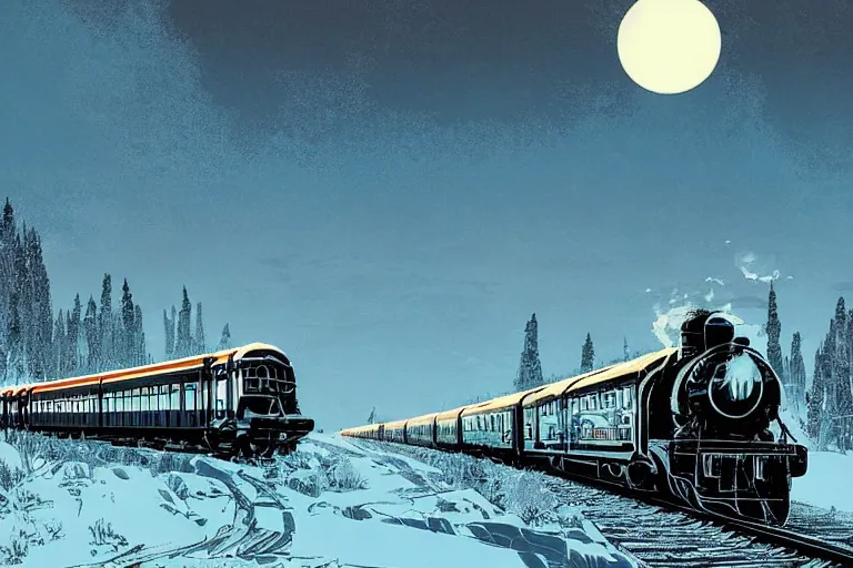 Image similar to trans - siberian express train illustration by joe fenton and syd mead and p. craig russell and barry windsor - smith, artstation, 4 k, graphic novel, concept art, matte painting, beautiful russian winter landscape sunset background, golden hour, art nouveau