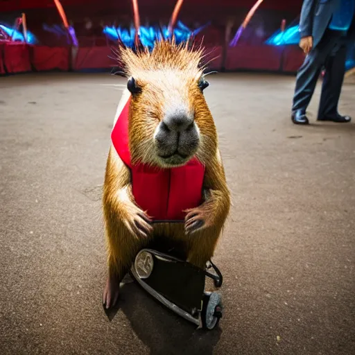 Prompt: capybara on unicycle wearing a suit vest, at the circus, 1 0 8 0 p dslr photo