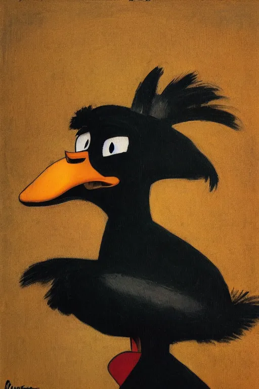 Image similar to a closer personal portrait of daffy duck with very piercing eyes, very charismatic. in the old ancient luxor temple. masterpiece, dark. painted by norman rockwell and james gurney