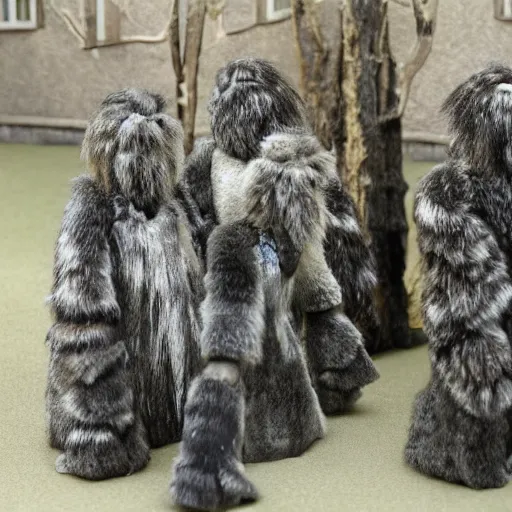 Image similar to group of five looming figures with fur skins, they create a dark court yard of a small house