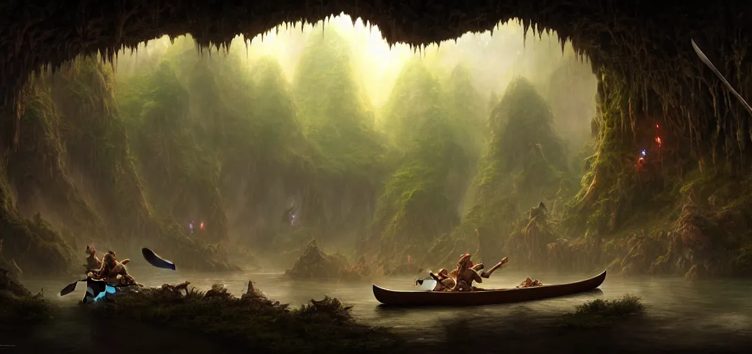 Prompt: video game concept art matte painting of elves canoeing through the glow worm caves in the style of stefan kostic, realistic, sharp focus, 8 k high definition, insanely detailed, intricate, mysterious, art by stanley lau and artgerm and luis royo