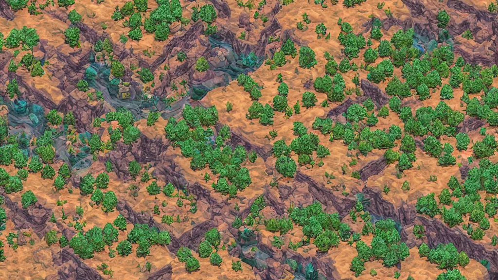 Prompt: aerial isometric view of a great canyon filled with resources, art from a resource gathering game