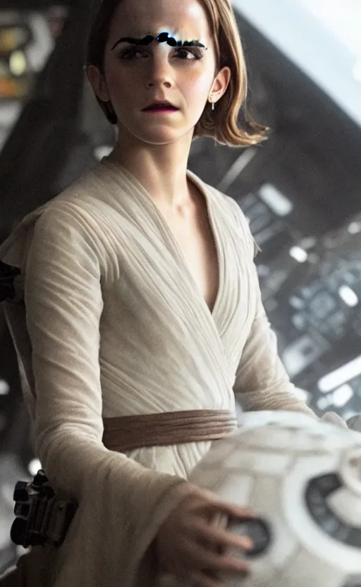 Image similar to a still of Emma Watson on Star Wars, maximum detail, ultra definition, 8K resolution