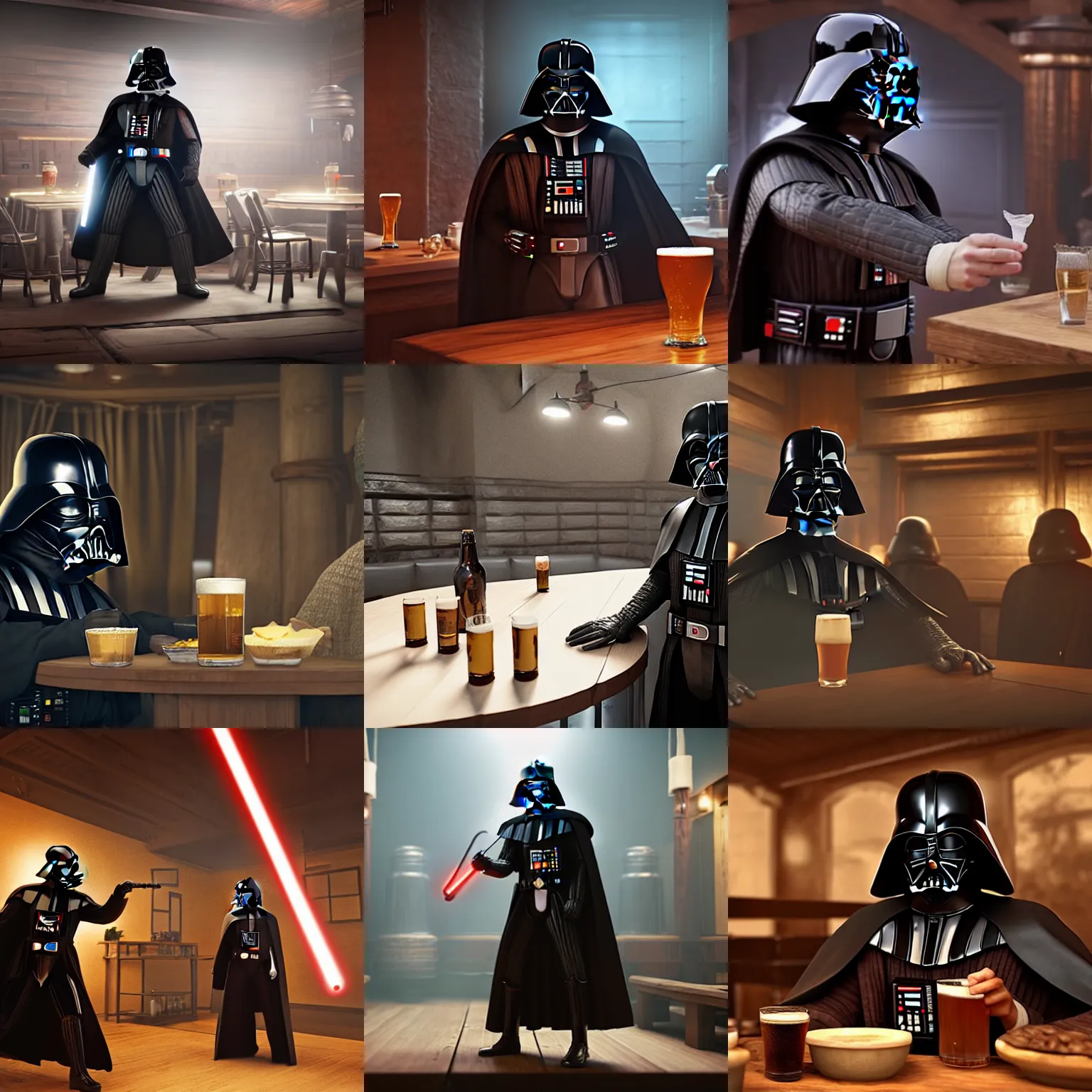 Prompt: darth vader rising his beer in a tavern, hyperrealistic, unreal engine, octane render, 4 k, detailed, studio lighting, very detailed by clemens ascher and george lucas