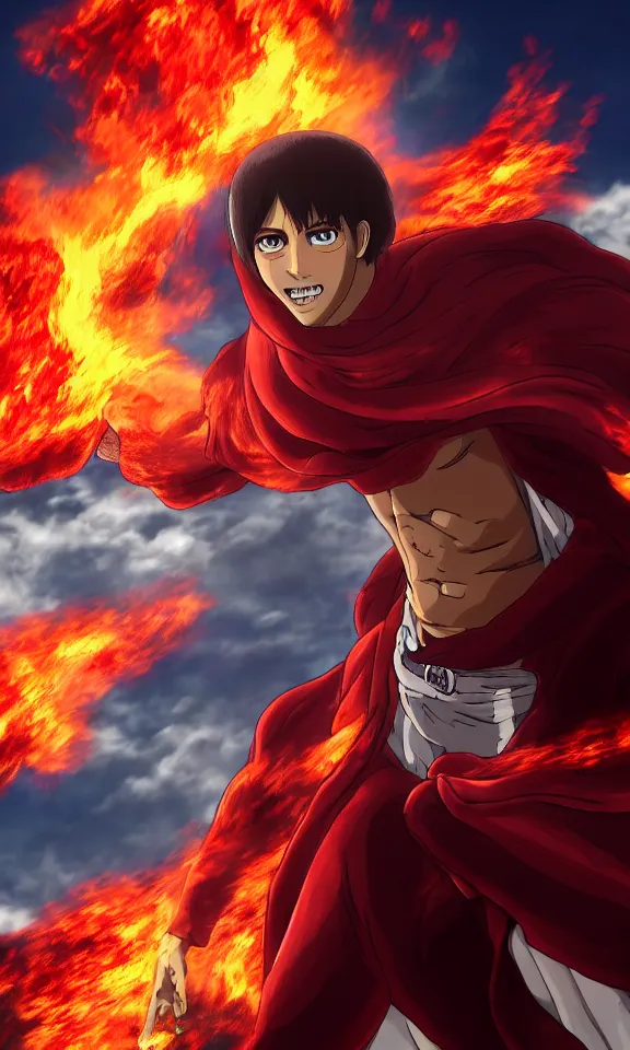 Prompt: Santiago of Chile about to be attacked by the colossal titan from Attack on Titan. Low angle. 4k ultra hd. Portrait. Dramatic. Santiago in flames and smoke as background.