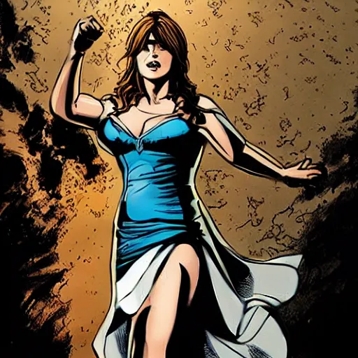 Image similar to in the style of rafael albuquerque comic art, lucy lawless saving the day in a wedding dress.