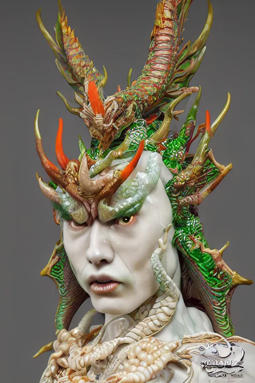 Prompt: a closeup portrait photo, alabaster and jade real delicate ceramic porcelain sculpture of an ornate detailed humanoid dragon demon devil god in front of an intricate background by rafael, micro detail, backlit lighting, subsurface scattering, translucent, thin porcelain, emerald, flames, amber, octane renderer, colorful, physically based rendering, trending on cgsociety