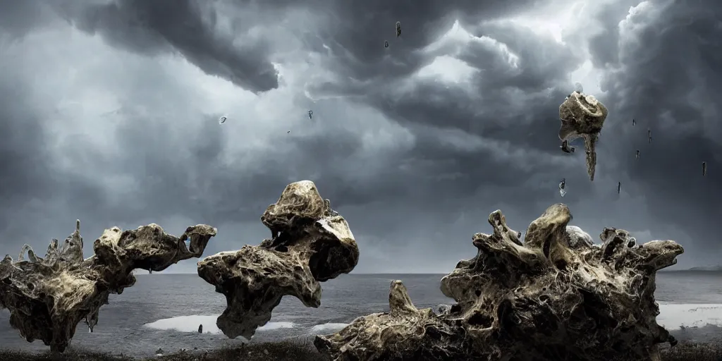 Image similar to photorealistic strange sculpture made of white bird skulls, in an epic landscape, with ominous storm clouds, strange levitating stones, stones falling from the sky, a gentle rising mist. occult photorealism, uhd, amazing depth, glowing, golden ratio, 3 d octane cycle unreal engine 5, volumetric lighting, cinematic lighting, cgstation artstation concept art