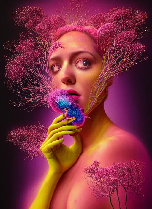 Image similar to hyper detailed 3d render like a Oil painting - Aurora (Singer) seen Eating of the Strangling network of yellowcake aerochrome and milky Fruit and Her delicate Hands hold of gossamer polyp blossoms bring iridescent fungal flowers whose spores black the foolish stars by Jacek Yerka, Mariusz Lewandowski, Houdini algorithmic generative render, Abstract brush strokes, Masterpiece, Edward Hopper and James Gilleard, Zdzislaw Beksinski, Mark Ryden, Wolfgang Lettl, hints of Yayoi Kasuma, octane render, 8k