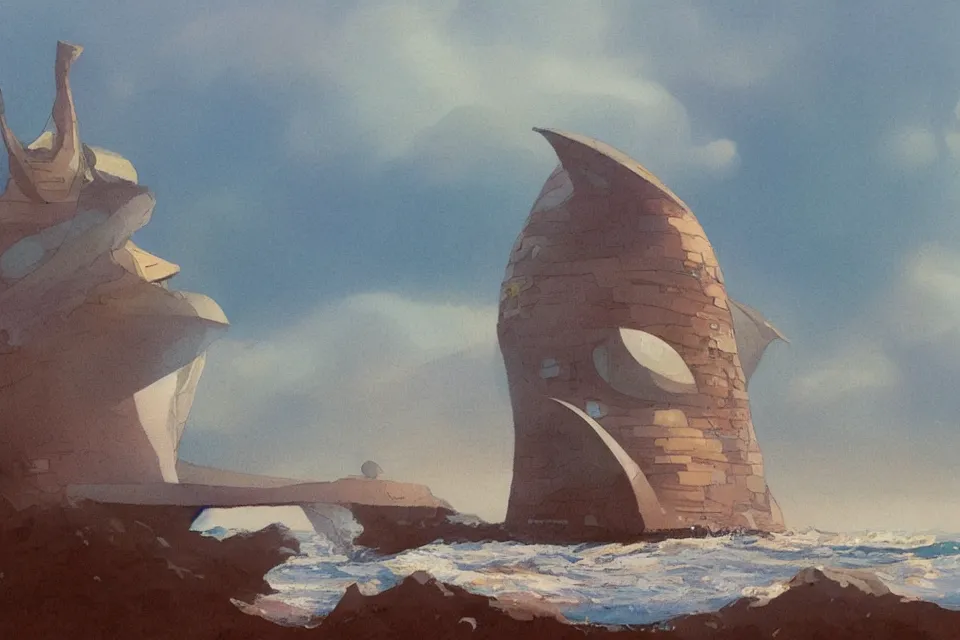 Prompt: giant seashell shaped house where a lone fisherman lives, in the style of john harris and moebius