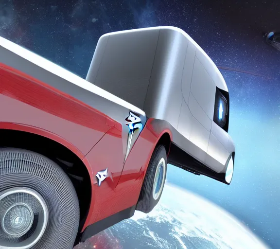 Prompt: a tesla cyber truck riding through outer space, 3 d render, realistic, dramatic