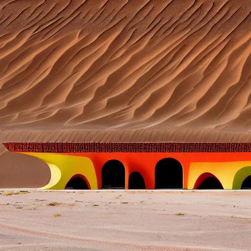 Image similar to architectural photograph by iwan baan of a cheerful recreational building in the shape of a monitor lizard in the middle of the desert, colorful desert architecture designed by norman foster