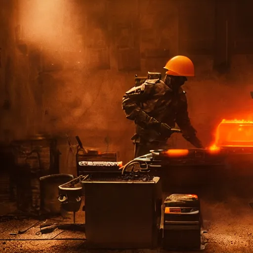 Image similar to soldier with toaster oven augmentation, dark messy smoke - filled cluttered workshop, dark, dramatic lighting, orange tint, sparks, cinematic, highly detailed, sci - fi, futuristic, movie still