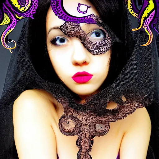 Image similar to Cthlulu!!!!!!!!!!!!!!! Squid-face lovecraftian eldritch profile pic, lace veil, magazine photoshoot, tentacles, glow galaxy background,