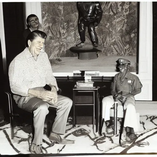 Image similar to [ ronald reagan sitting in chair next to tiger ]