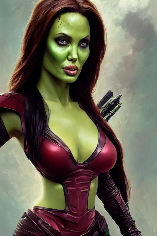 Image similar to angelina jolie as gamora, detailed, 8 k, trending on artstation, smooth, sharp focus artwork by mark arian, artgerm, mark keathley, greg rutkowski and alphonse mucha