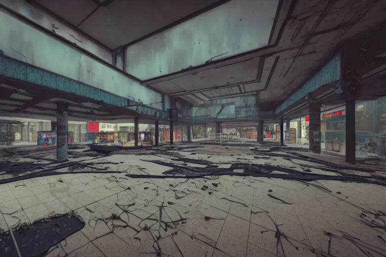 Image similar to low angle photo of a abandoned cyberpunk shopping mall with humans floating, moon gravity, cinematic lightning, ray tracing, unreal engine, photorealistic, detailed, dark, moody, foggy, scary