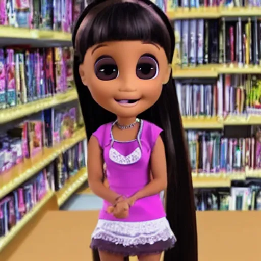 Prompt: VHS trail cam footage of Ariana Grande Bratz Doll Dora