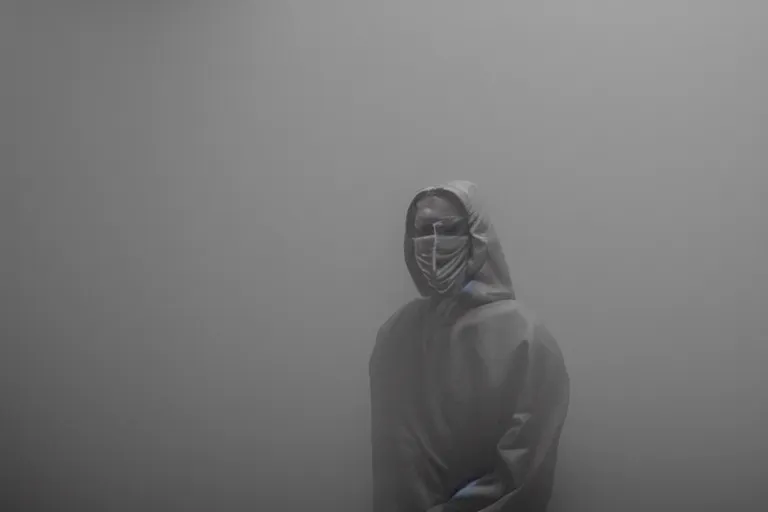 Image similar to a cinematic portrait of a prisoner dressed in a a black and white striped hazmat suit in a small prison cell, fog storm, annie leibovitz and zack snyder, 8 k, hd, high resolution, 8 5 mm, f / 1. 8