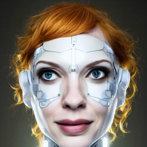 Prompt: beautiful centered Fine art photo portrait of delighted Christina Hendricks as a solarpunk robotic humanoid, white mechanical parts with led lights, photorealistic, white background, highly detailed and intricate, sun lighting, HDR 8k