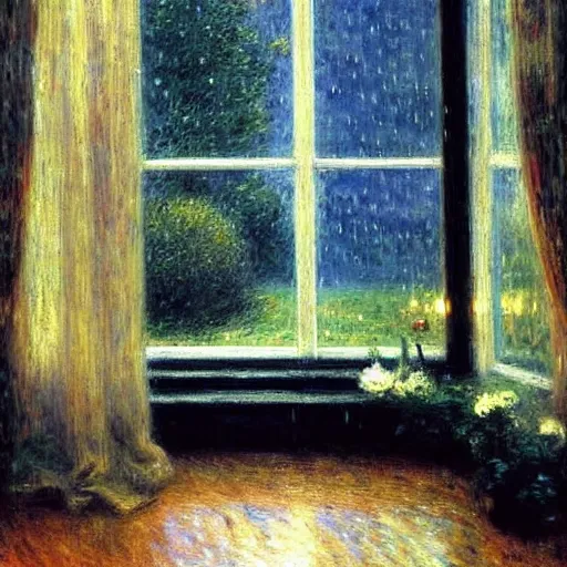 Image similar to on a rainy day, someone in home sits in bed, curled up under the covers, watching the rain outside the window, cinematic, artstation, extremely detailed, intricate, cinematic lighting, art by pierre - auguste renoir, gustave caillebotte