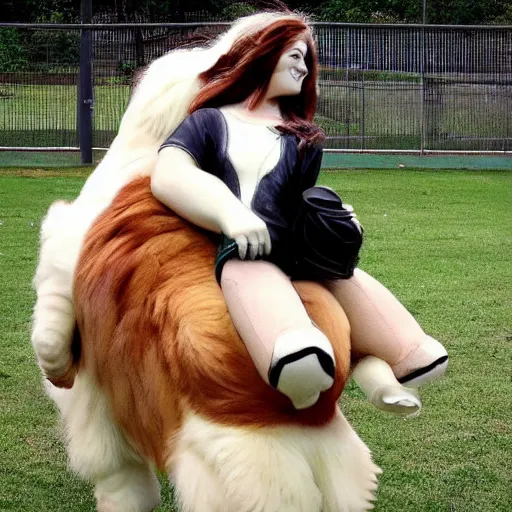 Prompt: girl riding a giant saint Bernard at the park that is catching a ball, trending on artstation