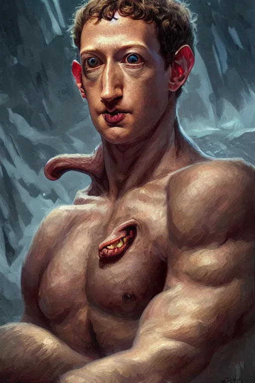 Image similar to portrait of mark zuckerberg as a pathetic goblinoid hobgoblin demon kobold, upper body, fantasy, intricate, elegant, highly detailed, digital painting, artstation, concept art, sharp focus, illustration, art by artgerm and greg rutkowski and alphonse mucha