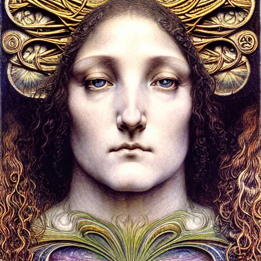 Image similar to detailed realistic beautiful young medieval queen face portrait by jean delville, gustave dore, ernst haeckel and marco mazzoni, art nouveau, symbolist, visionary, gothic, pre - raphaelite. horizontal symmetry