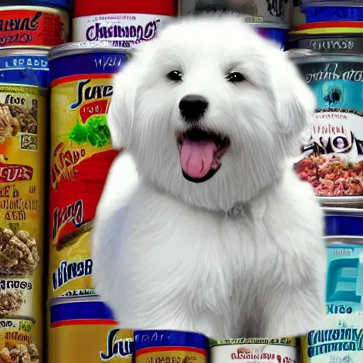 Image similar to a white cuddly dog on top of a can of food, digital art, nicely detailed