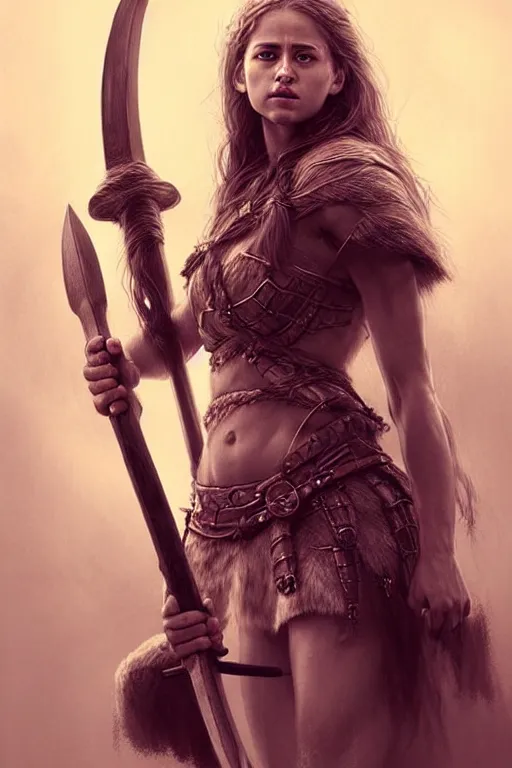 Image similar to gorgeous!! hyper - realistic woman resembling alicia vikander as a battle - worn viking warrior wielding a giant axe | intricate, highly detailed, digital painting, character design, character concept art | drawn by wlop, drawn by jeehyung lee, drawn by artgerm, drawn by peter kemp