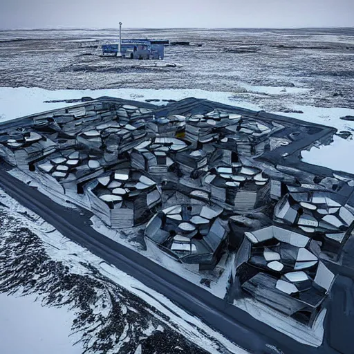 Prompt: “research site buildings, Arctic research stations, norilsk in the style of blade runner 2049 megacities megastructures megaliths monuments”