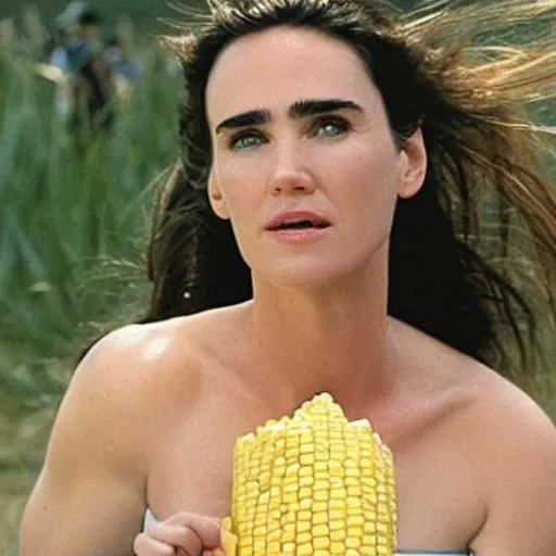 Image similar to jennifer connelly emerging from a giant piece of corn