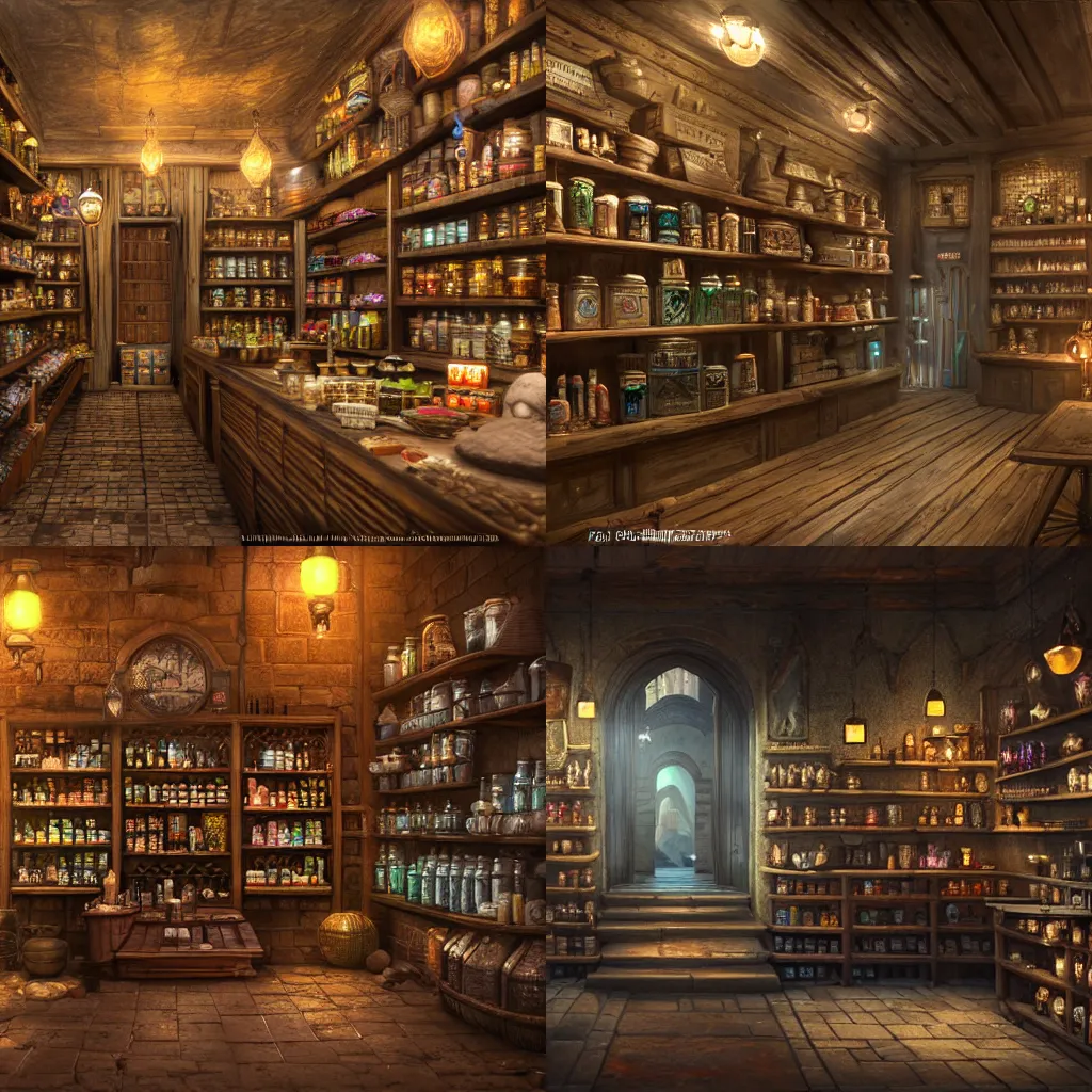 Prompt: A beautiful hyper realistic ultra detailed lifelike matte painting of a potion shop, unreal engine, deviantart, flickr, artstation, octane render, textured, colorful, extreme realistic detail, physically based rendering, pbr render, very detailed, volumetric lighting, detailed lighting, octane render, 4k, cinematic lighting, 8k resolution