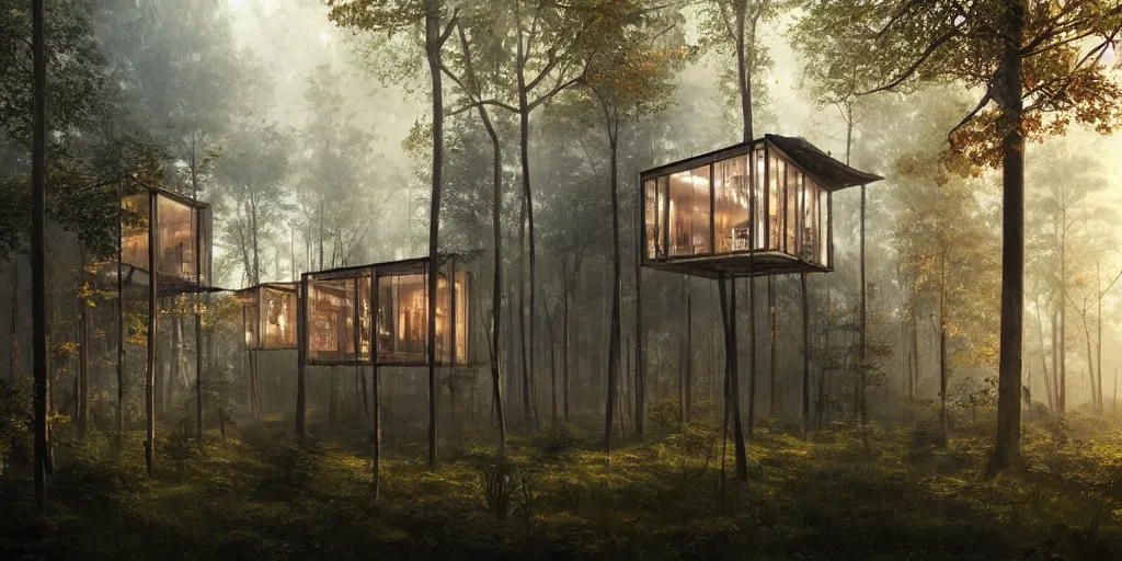 Prompt: real treehouses, on stilts, made of staked container with glass windows, modernist, mysterious dense forest, autumn lights, misty, smoky atmosphere, photorealism, sharp details, some rays of light, cgsociety, masterpiece, hyper - detailed, hd, hdr, 8 k, by ruan jia, michael komarck, greg rutkowski