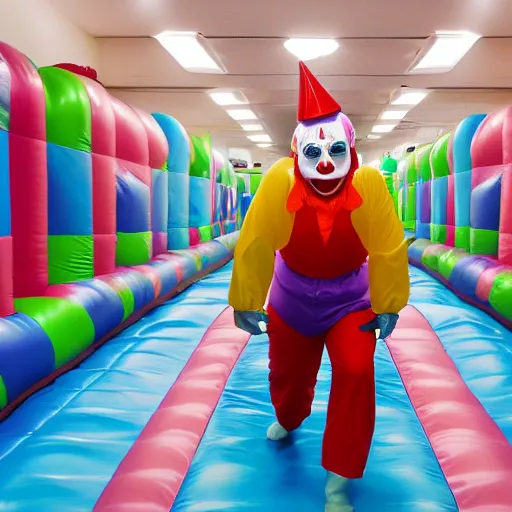 Image similar to photo of a scary clown in a infinite corridor made of bouncy castle