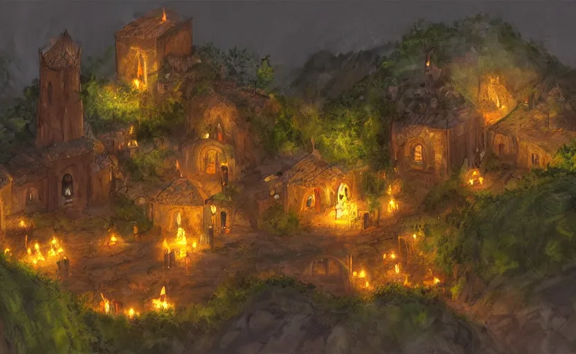 Image similar to medieval village built in a tropical cave, lit by torches, plants, waterfall, houses, towers, concept art, dawn